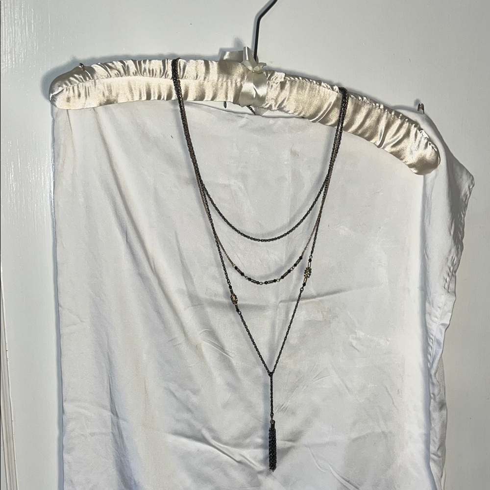Lariat Layered Black Necklace with Tassel rhinestone accents silver grey & gold